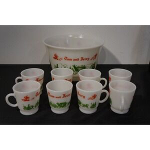 Vintage Fire King Tom and Jerry Milk Glass Punch Bowl and 8 Cups Set